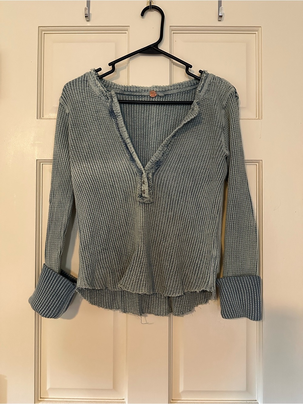 Washed Sage Waffle Knit Henley Long Sleeve Top - Unbranded